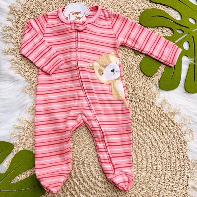  Macacão com Abertura em Zíper Listrado Ursa - Rosa